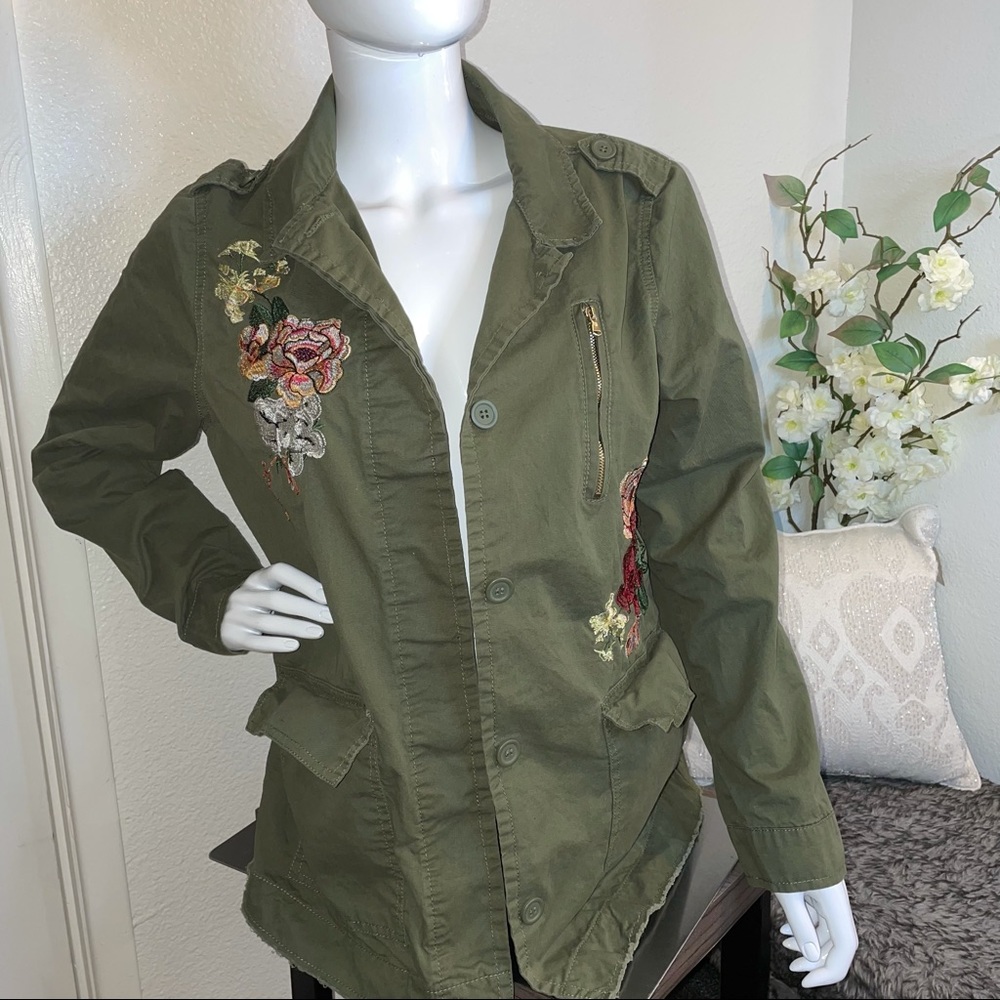 Military Green Embroidered Rose Jacket Cargo Utility Ashley by 26 International - Picture 2 of 10